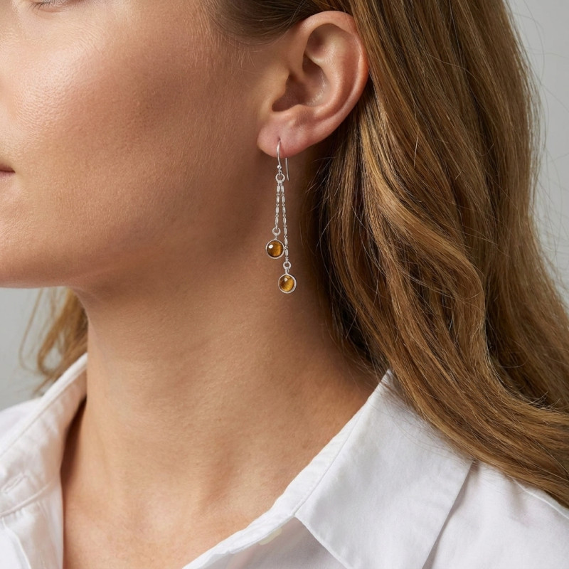 Boucles d'oreilles Pendantes Argent 925 et Oeil de Tigre porté