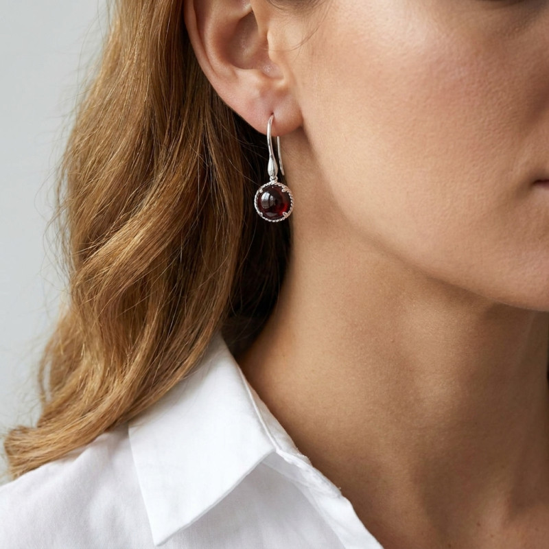 Boucles d'oreilles Pendantes Argent 925 Grenat Rond 12mm porté