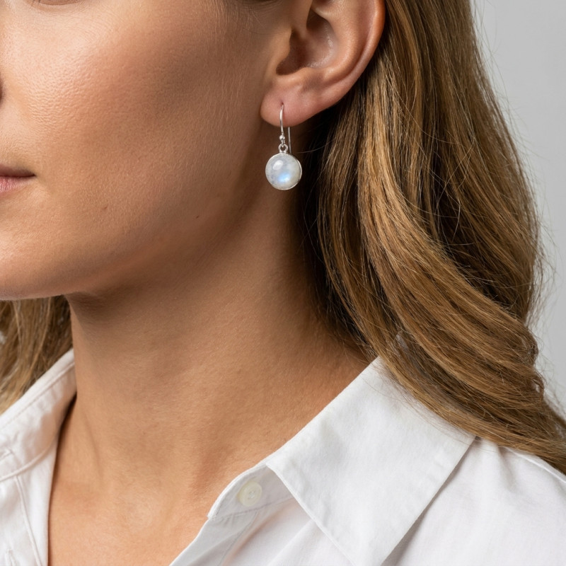 Boucles d'oreilles Pendantes Argent 925  Labradorite Ronde 12mm porté