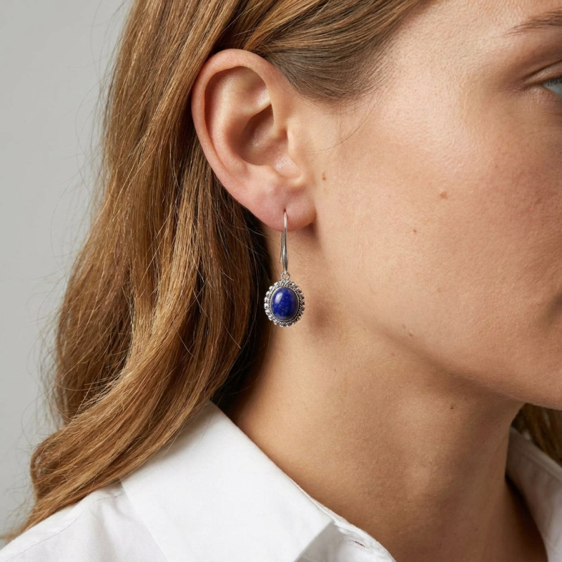 Boucles d'oreilles Pendantes Argent 925 Lapis Lazuli Ovale 12x10mm porté