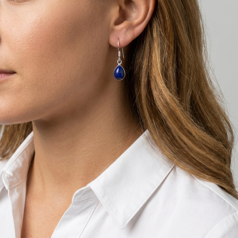 Boucles d'oreilles Pendantes Argent 925 Lapis Lazuli Poire 10x7mm porté