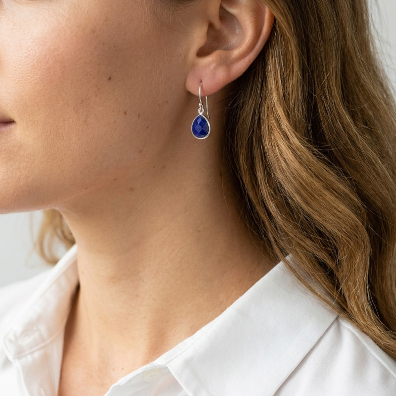 Boucles d'oreilles Pendantes Argent 925  Lapis lazuli Poire facetté 9x7mm porté