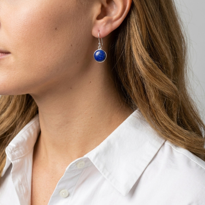 Boucles d'oreilles Pendantes Argent 925  Lapis lazuli Rond 12mm porté