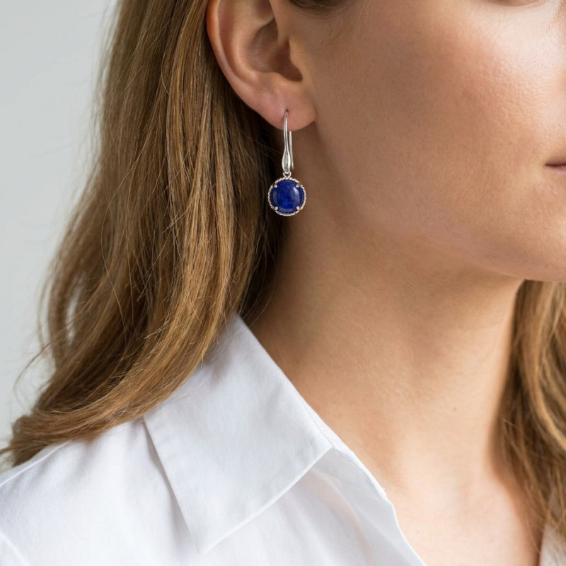Boucles d'oreilles Pendantes Argent 925 Lapis Lazuli Rond 12mm porté
