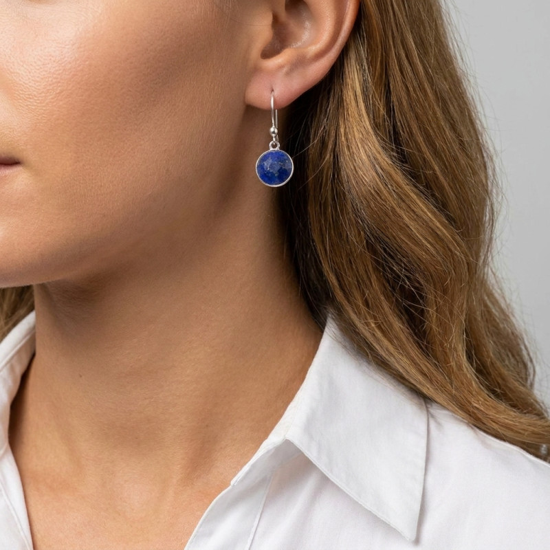 Boucles d'oreilles Pendantes Argent 925 Lapis Lazuli Rondes 12mm porté