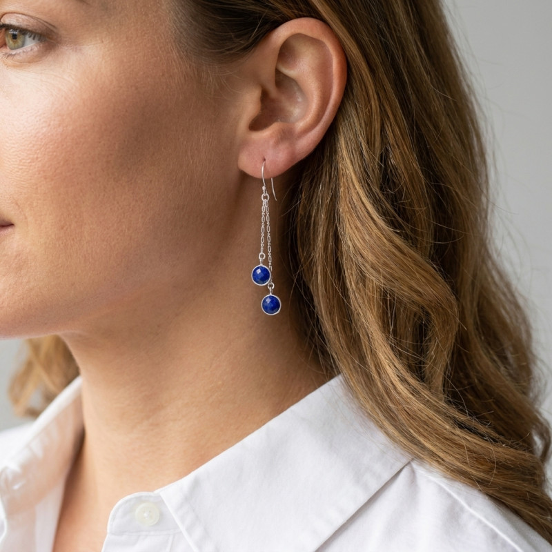 Boucles d'oreilles Pendantes Argent 925 Lapis lazuli porté