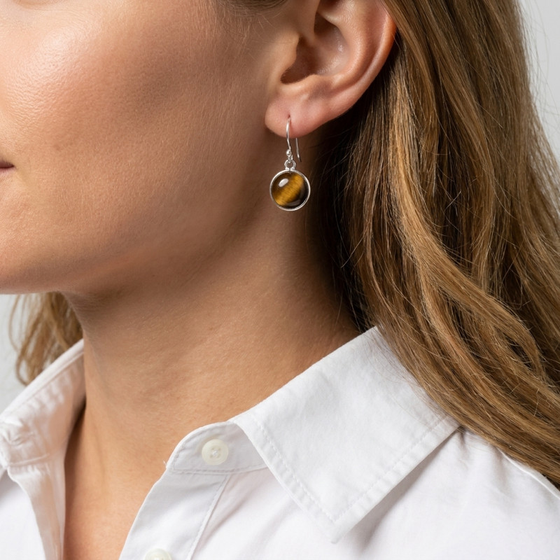 Boucles d'oreilles Pendantes Argent 925 Oeil de Tigre Rond 12mm porté