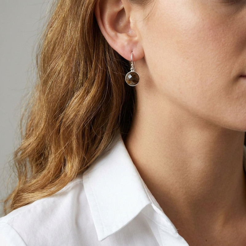 Boucles d'oreilles Pendantes Argent 925 Oeil de Tigre Rond facetté 9mm porté