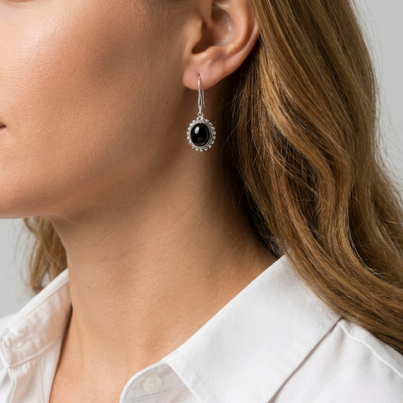 Boucles d'oreilles Pendantes Argent 925 Onyx Ovale 12x10mm porté