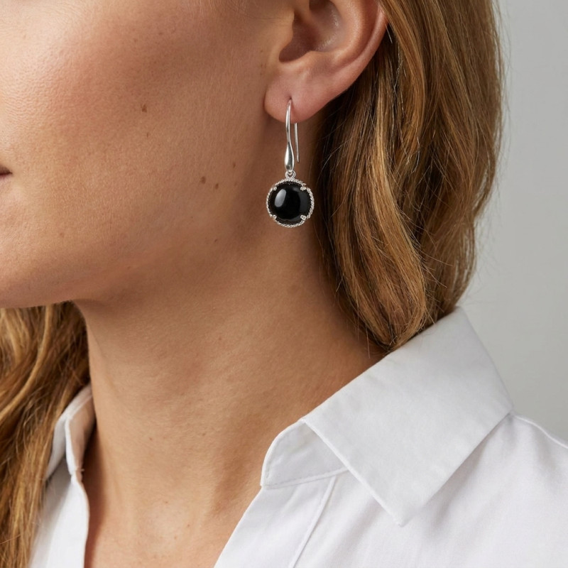 Boucles d'oreilles Pendantes Argent 925 Onyx Rond 12mm porté