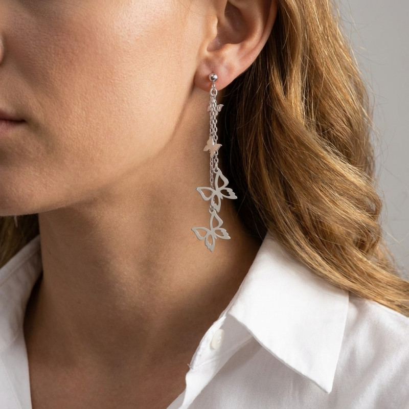 Boucles d'oreilles pendantes Argent 925 Papillons porté