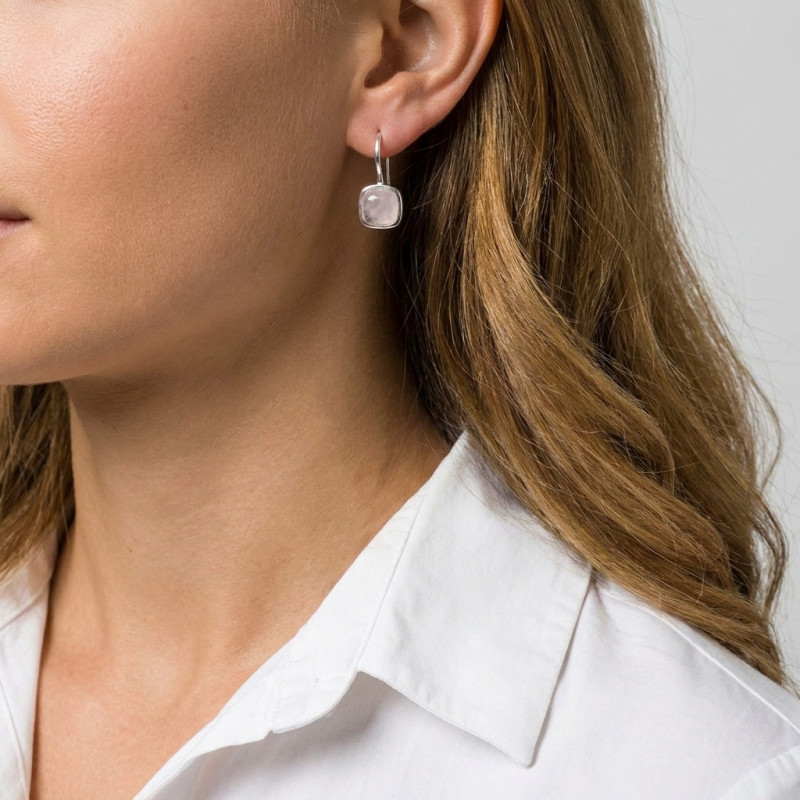 Boucles d'oreilles Pendantes Argent 925  Quartz rose Coussin 10x10mm porté