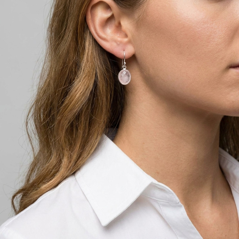 Boucles d'oreilles Pendantes Argent 925  Quartz rose Facetté Ovale 12x10mm porté