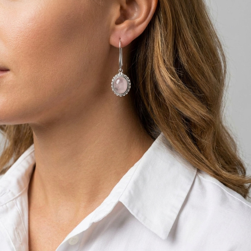 Boucles d'oreilles Pendantes Argent 925 Quartz Rose Ovale 12x10mm porté