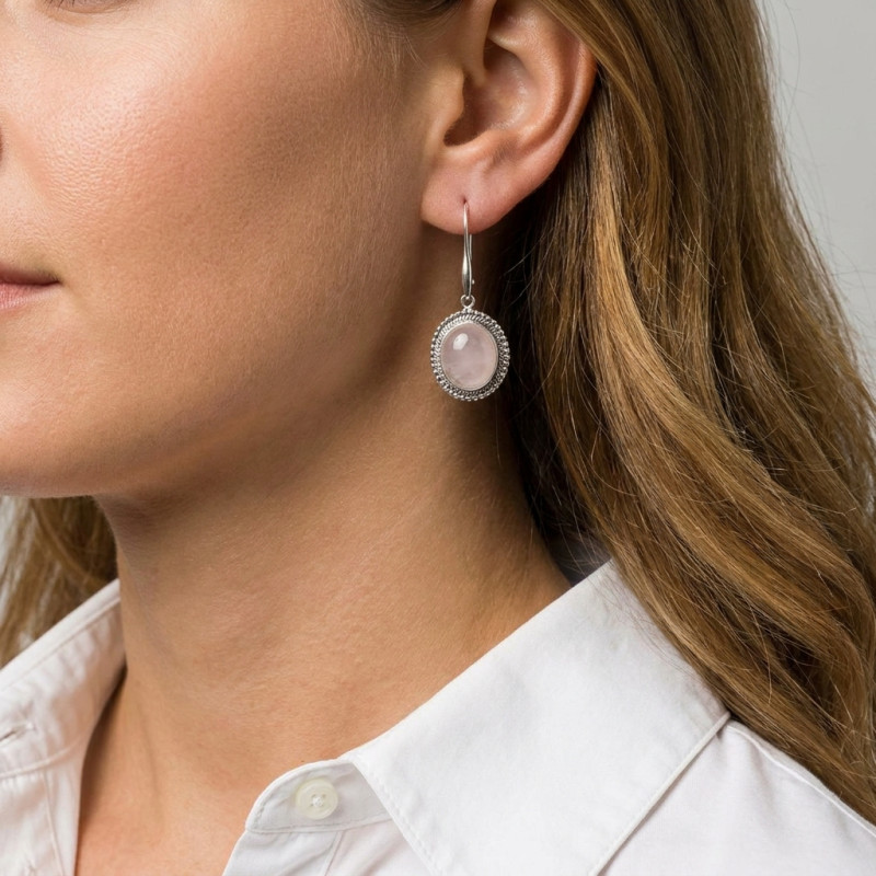 Boucles d'oreilles Pendantes Argent 925 Quartz Rose Ovale 14x12mm porté