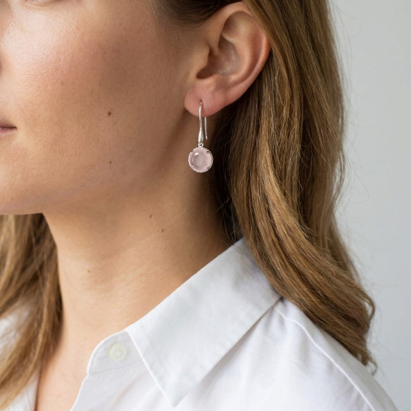 Boucles d'oreilles Pendantes Argent 925 Quartz Rose Rond 12mm porté