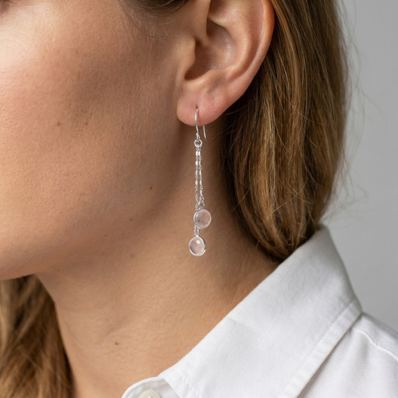 Boucles d'oreilles Pendantes Argent 925 Quartz rose porté