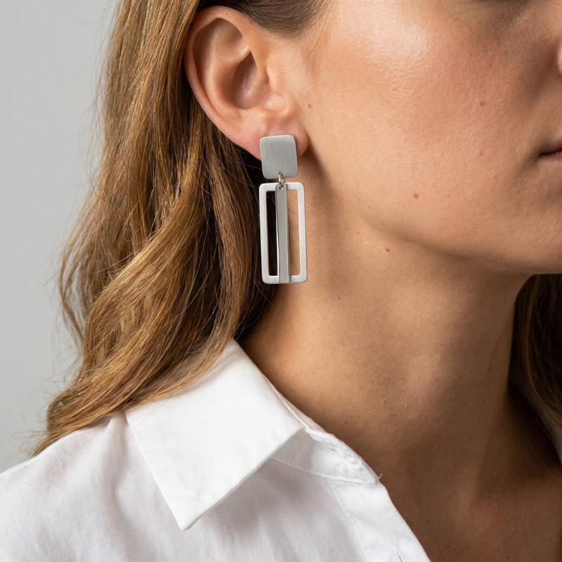 Boucles d'oreilles pendantes Argent 925 Rectangulaires porté