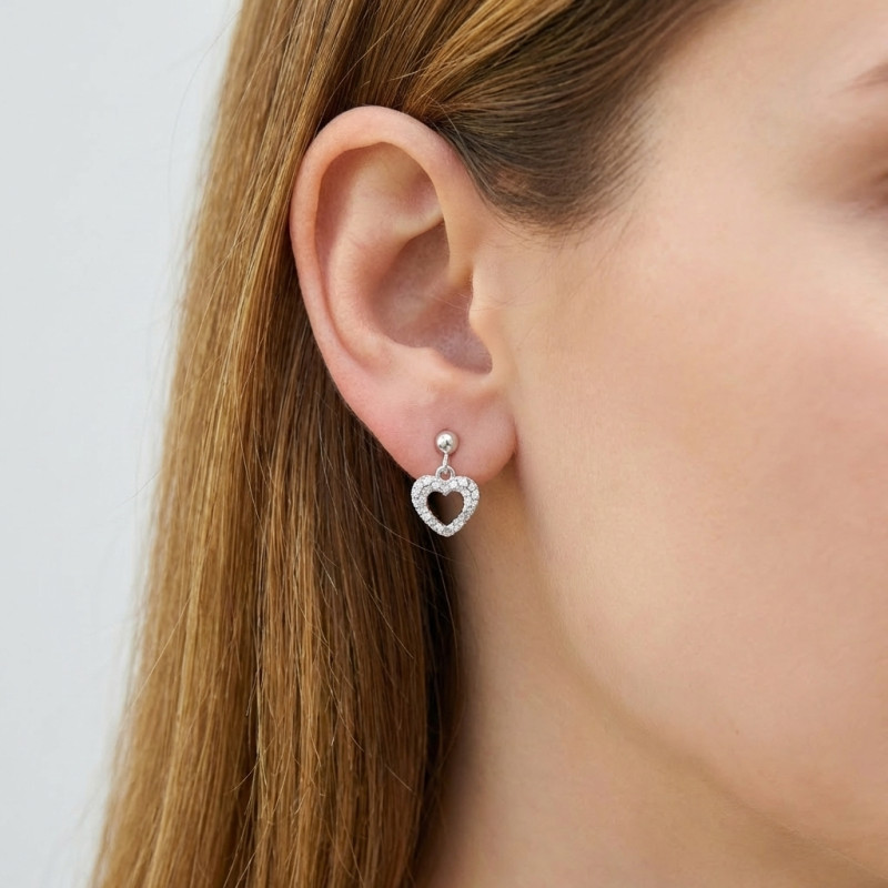 Boucles d'oreilles pendantes Argent 925 rhodié Coeur texturé porté