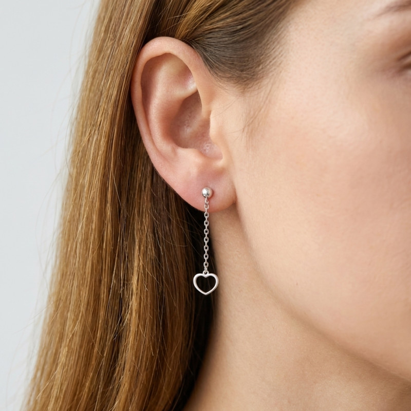 Boucles d'oreilles pendantes Argent 925 rhodié Coeur porté