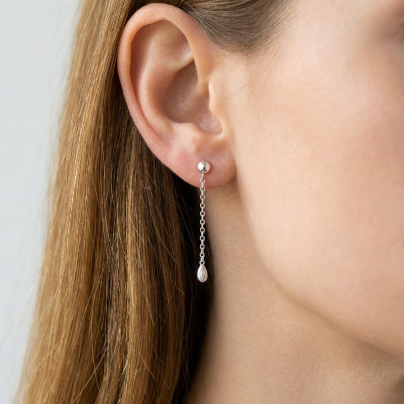 Boucles d'oreilles pendantes Argent 925 rhodié Olive porté