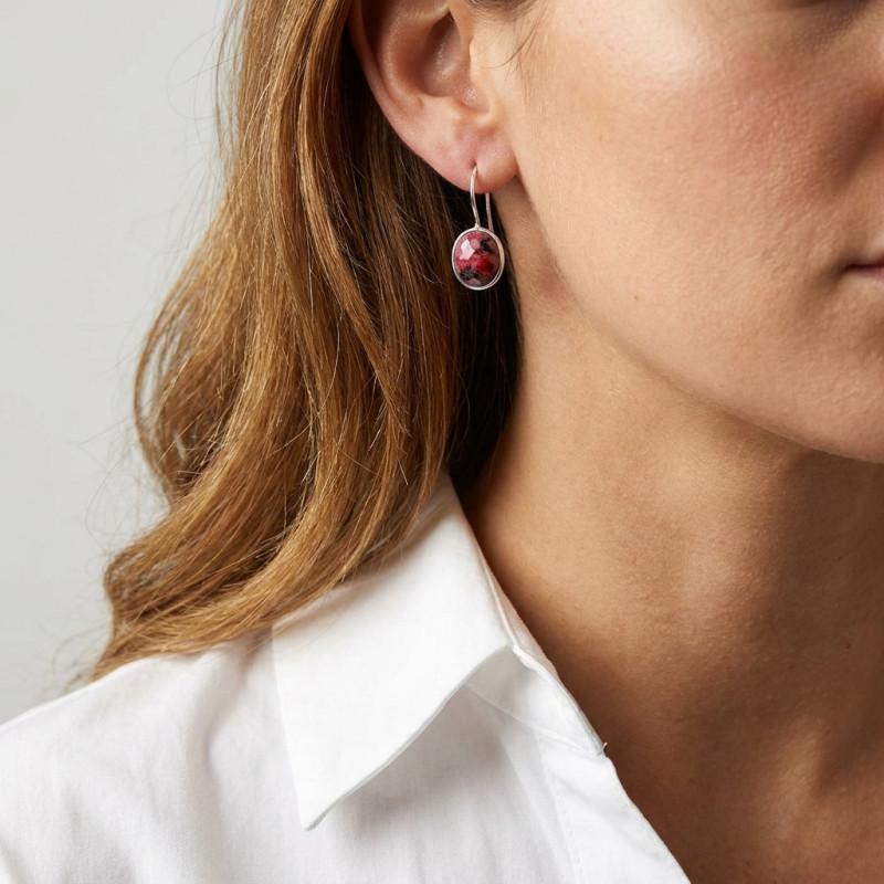 Boucles d'oreilles Pendantes Argent 925 Rhodonite Facettée  Ovale 12x10mm porté
