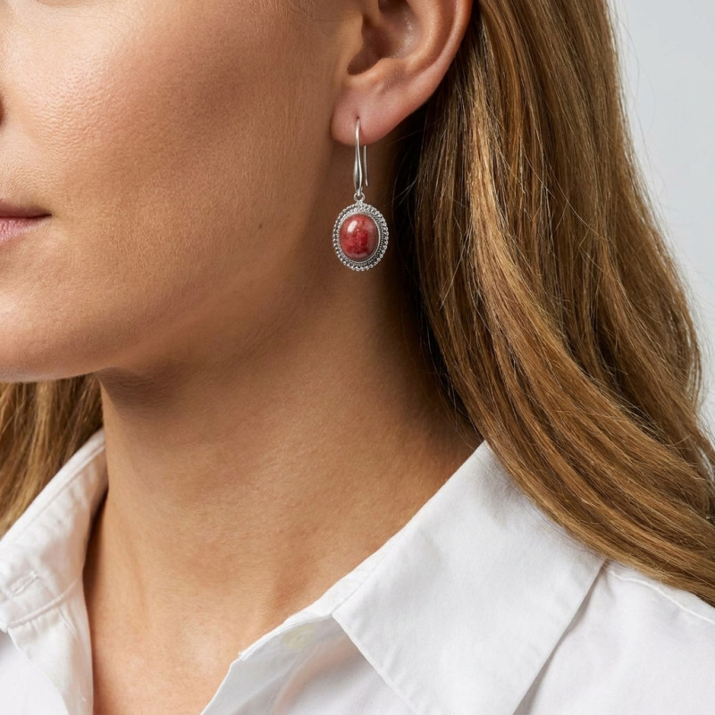 Boucles d'oreilles Pendantes Argent 925 Rhodonite Ovale 14x12mm porté
