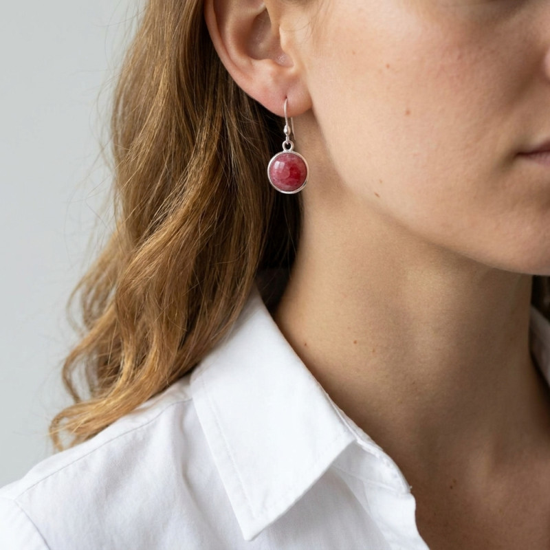 Boucles d'oreilles Pendantes Argent 925 Rhodonite Ronde 12mm porté
