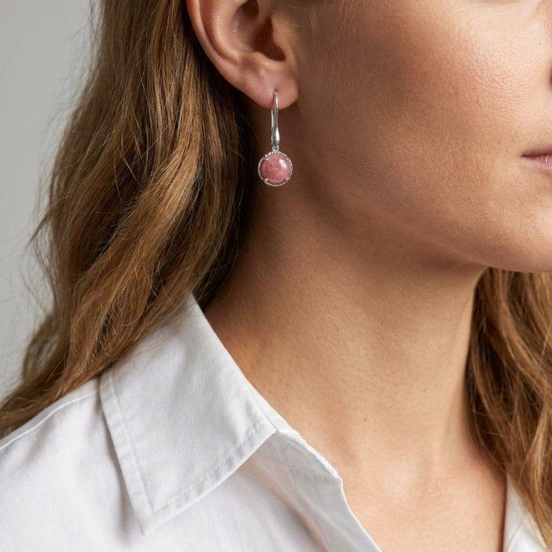 Boucles d'oreilles Pendantes Argent 925 Rhodonite Ronde 12mm porté