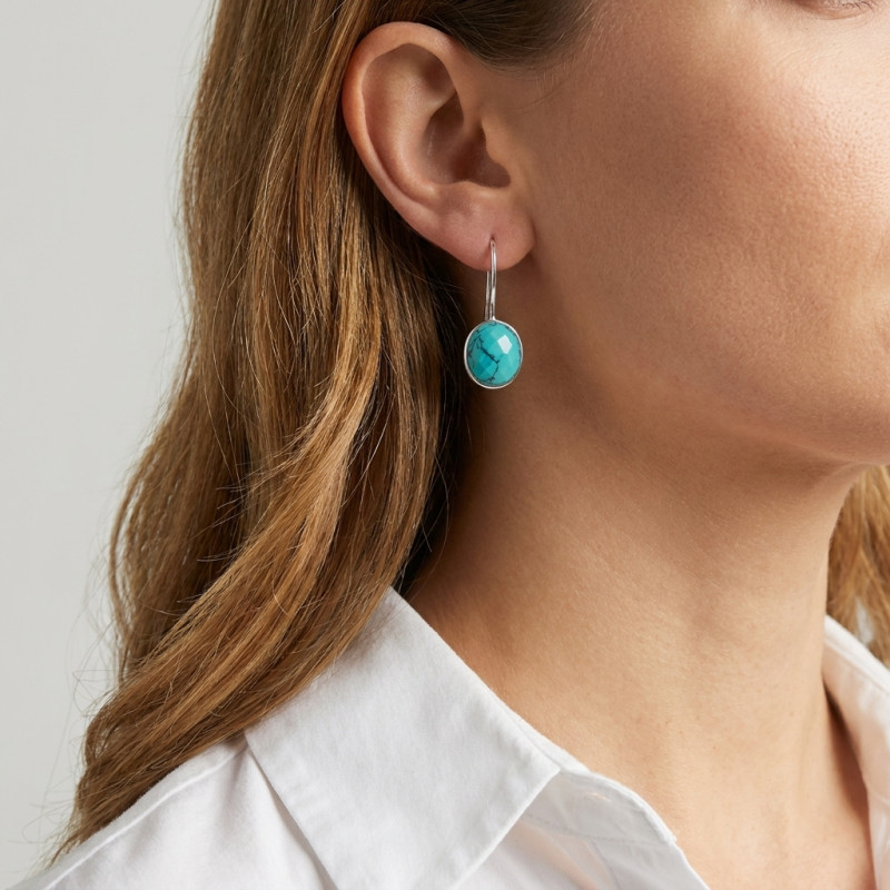 Boucles d'oreilles Pendantes Argent 925  Turquoise Reconstituée Facettée   Ovale 12x10mm porté