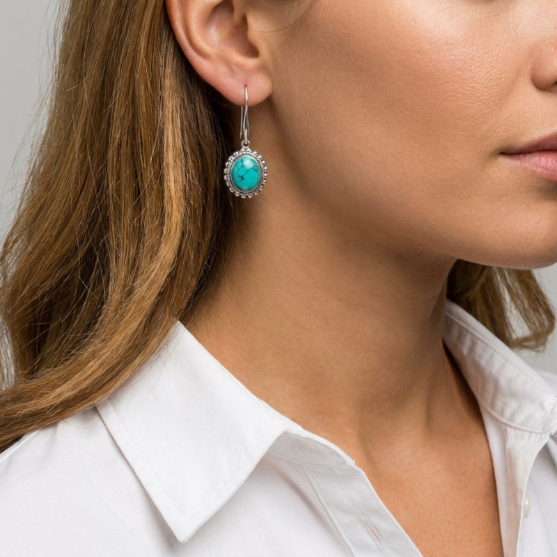 Boucles d'oreilles Pendantes Argent 925 Turquoise Reconstituée  Ovale 12x10mm porté