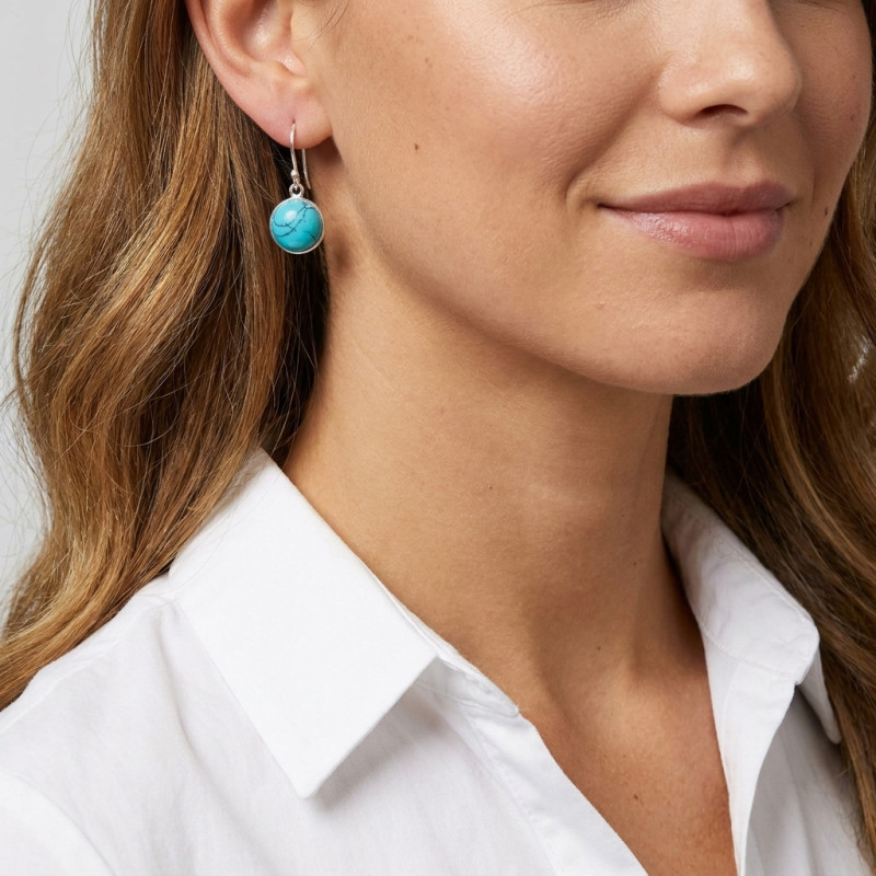 Boucles d'oreilles Pendantes Argent 925  Turquoise Reconstituée Ronde 12mm porté