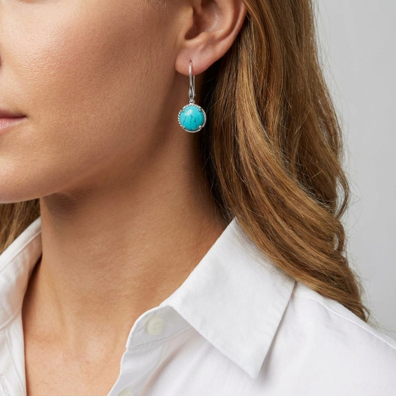 Boucles d'oreilles Pendantes Argent 925 Turquoise Reconstituée   Ronde 12mm porté