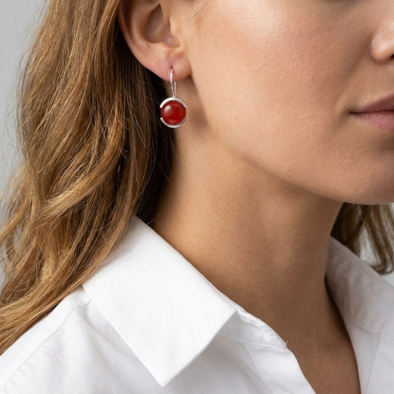 Boucles d'oreilles Pendantes Argent Cornaline Ronde 10mm porté
