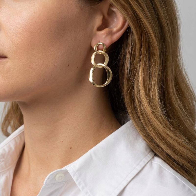 Boucles d'oreilles pendantes Argent doré Cercles 2 textures porté