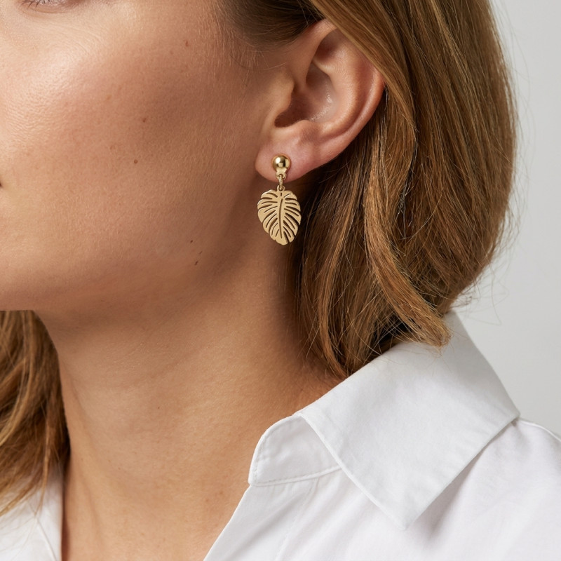 Boucles d'oreilles pendantes Argent doré feuille de monstera porté