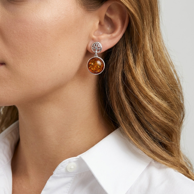 Boucles d'oreilles pendantes Argent et Ambre arbre de vie porté