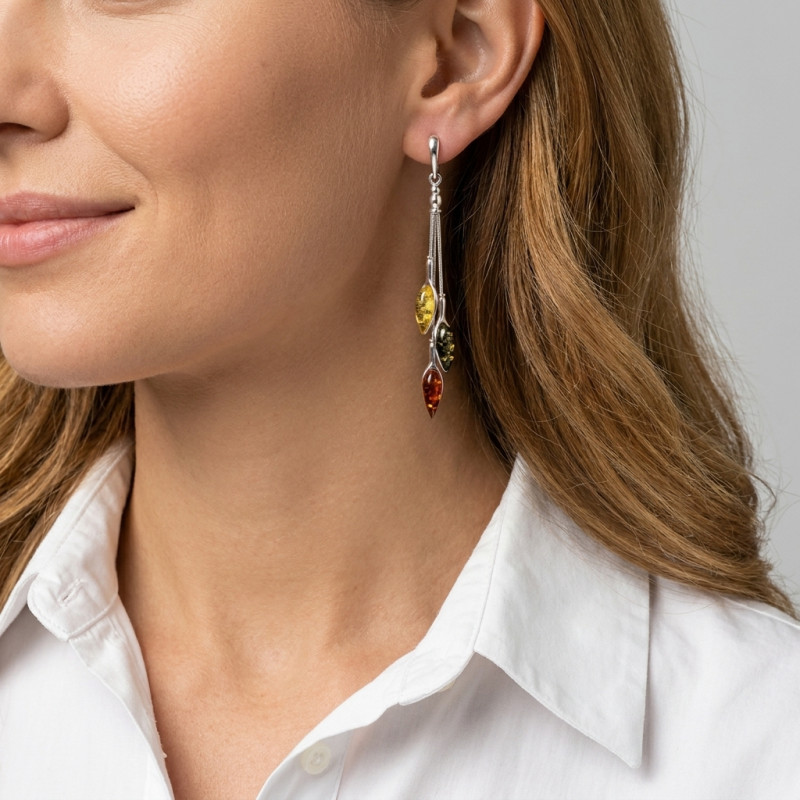 Boucles d'oreilles pendantes Argent et Ambre Multicolore porté