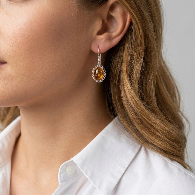 Boucles d'oreilles pendantes argent et ambre ovale de 10x14mm porté
