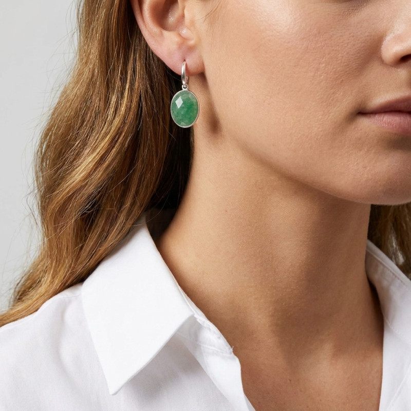 Boucles d'oreilles pendantes Argent et  Aventurine Ovale 16x12mm porté