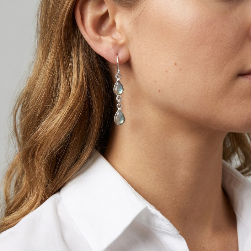 Boucles d'oreilles Pendantes Argent Labradorite Poire porté