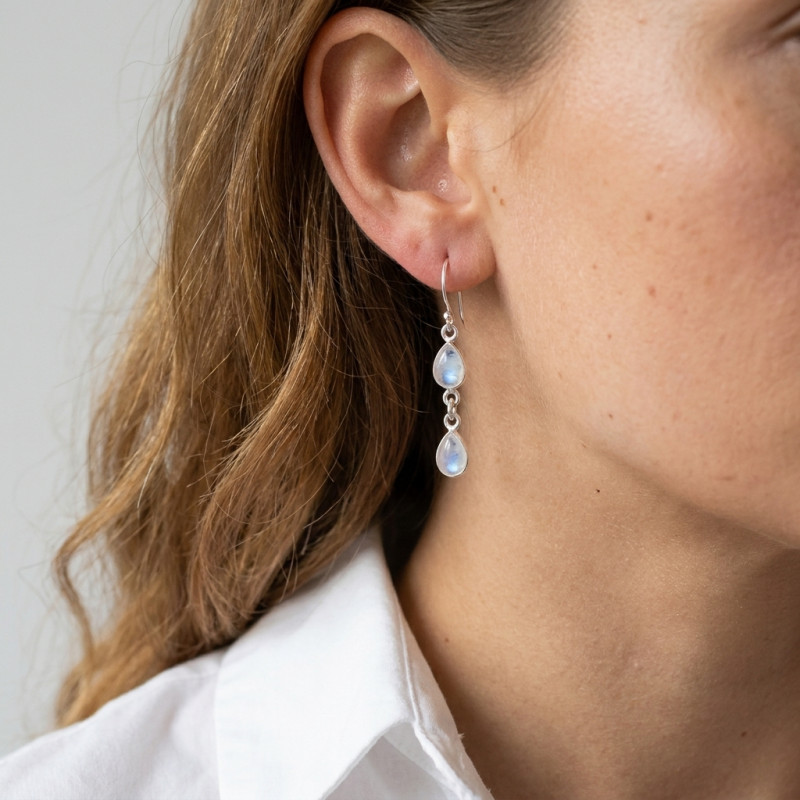 Boucles d'oreilles Pendantes Argent Labradorite Poire porté