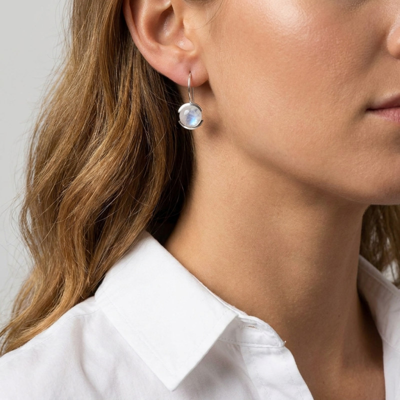 Boucles d'oreilles Pendantes Argent Labradorite Ronde 10mm porté