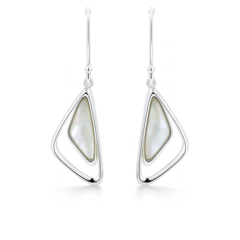 Boucles D'oreilles Pendantes Faites Main - Nacre Blanche Et Chaîne Rectangle