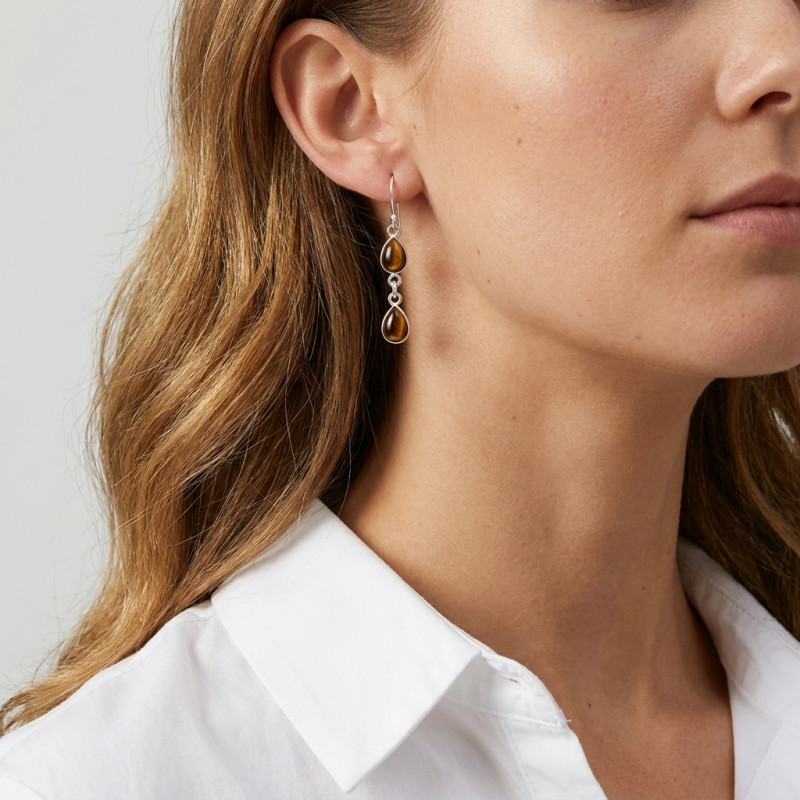 Boucles d oreilles Pendantes Argent Oeil de Tigre Poire porté