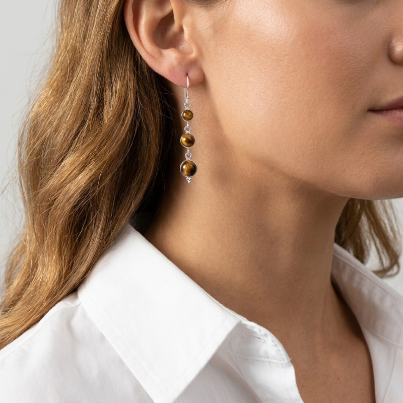 Boucles d oreilles Pendantes Argent Oeil de Tigre Rond porté