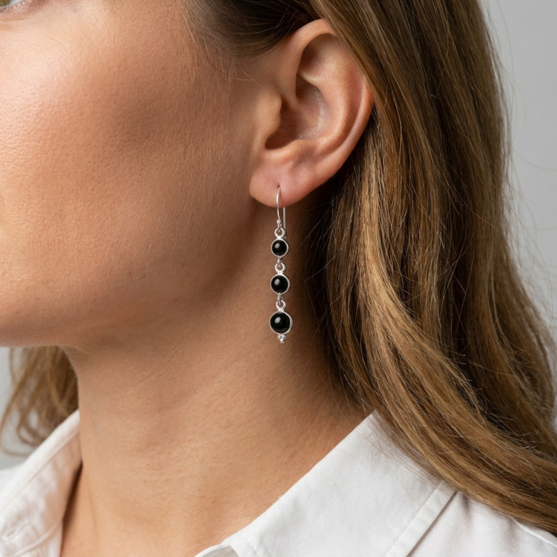 Boucles d'oreilles Pendantes  Argent Onyx porté