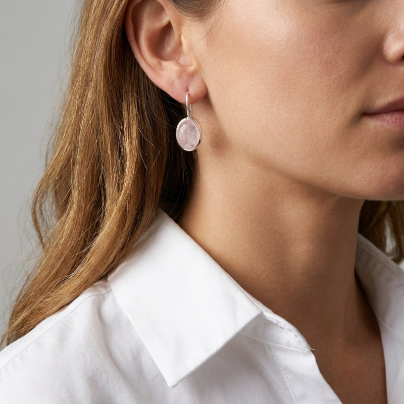 Boucles d'oreilles  Pendantes Argent Quartz Rose Ovale 13x10mm porté
