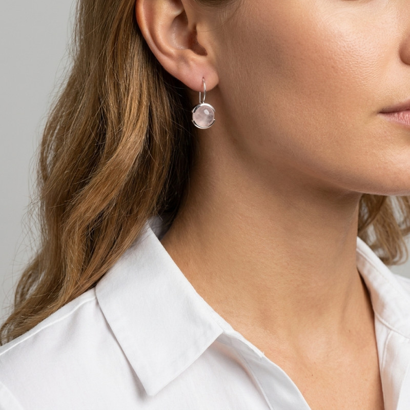 Boucles d'oreilles  Pendantes Argent Quartz Rose Rond 10mm porté
