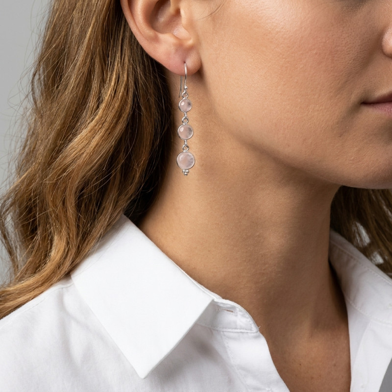 Boucles d'oreilles  Pendantes Argent Quartz Rose Rond porté